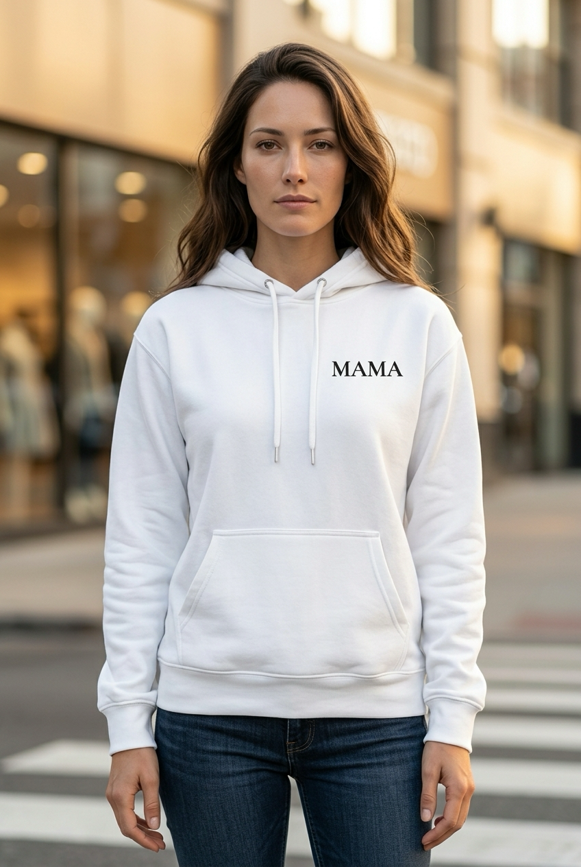 Frau im weissen MAMA Hoodie