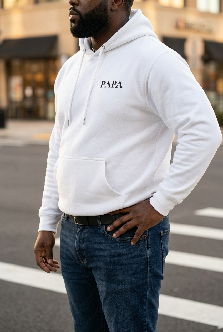 PAPA Hoodie in Weiss getragen