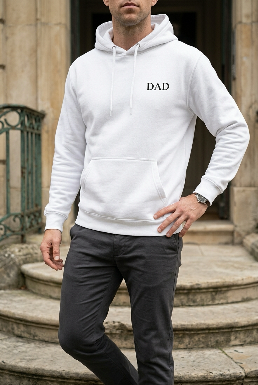 DAD Hoodie in Weiss getragen