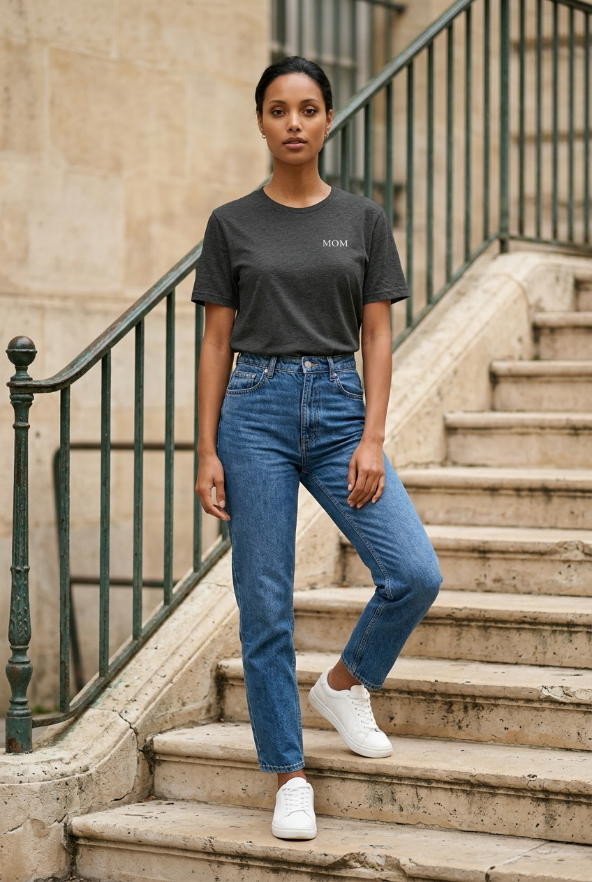 MOM Shirt in Anthrazit meliert getragen