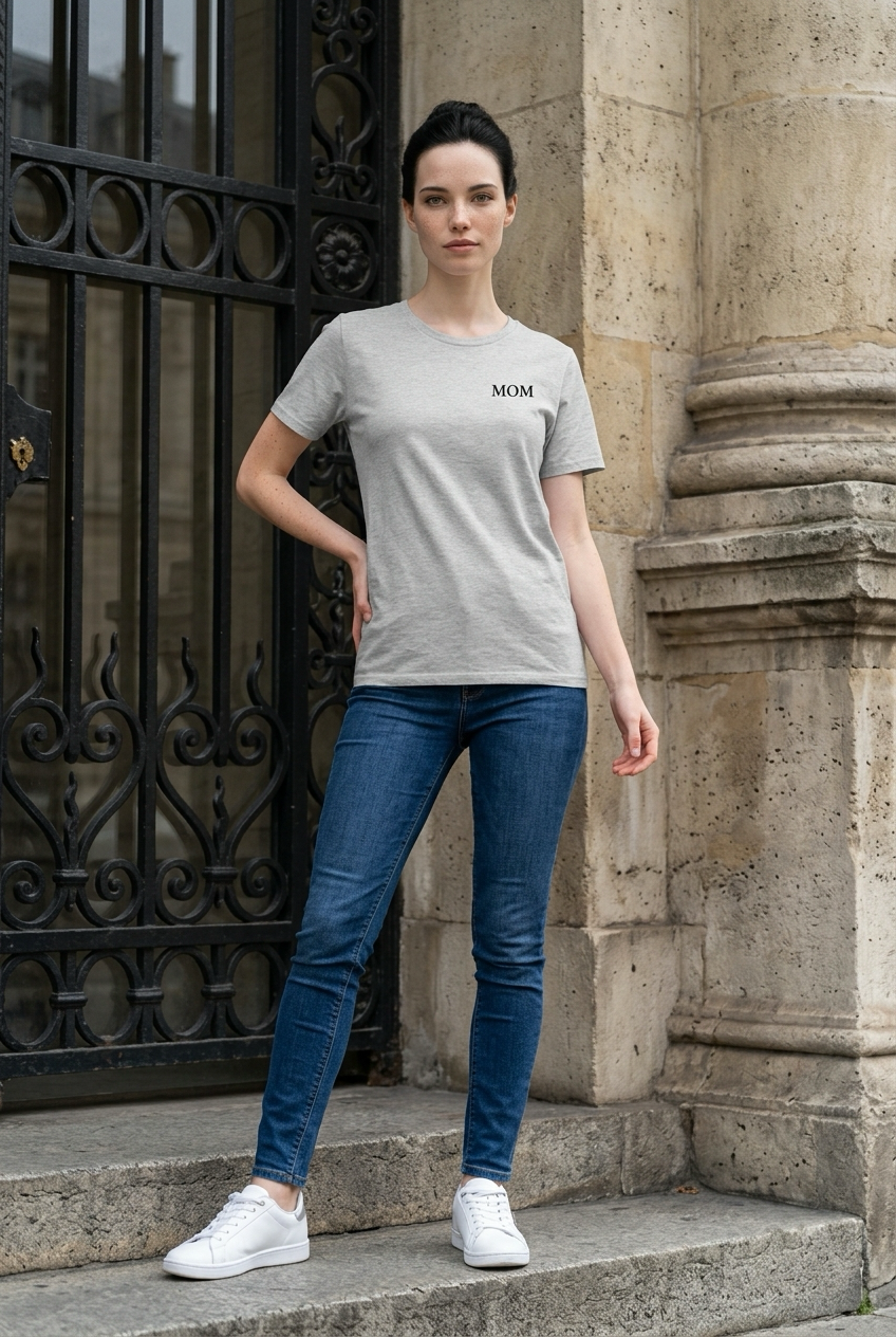 MOM Shirt in Grau meliert getragen