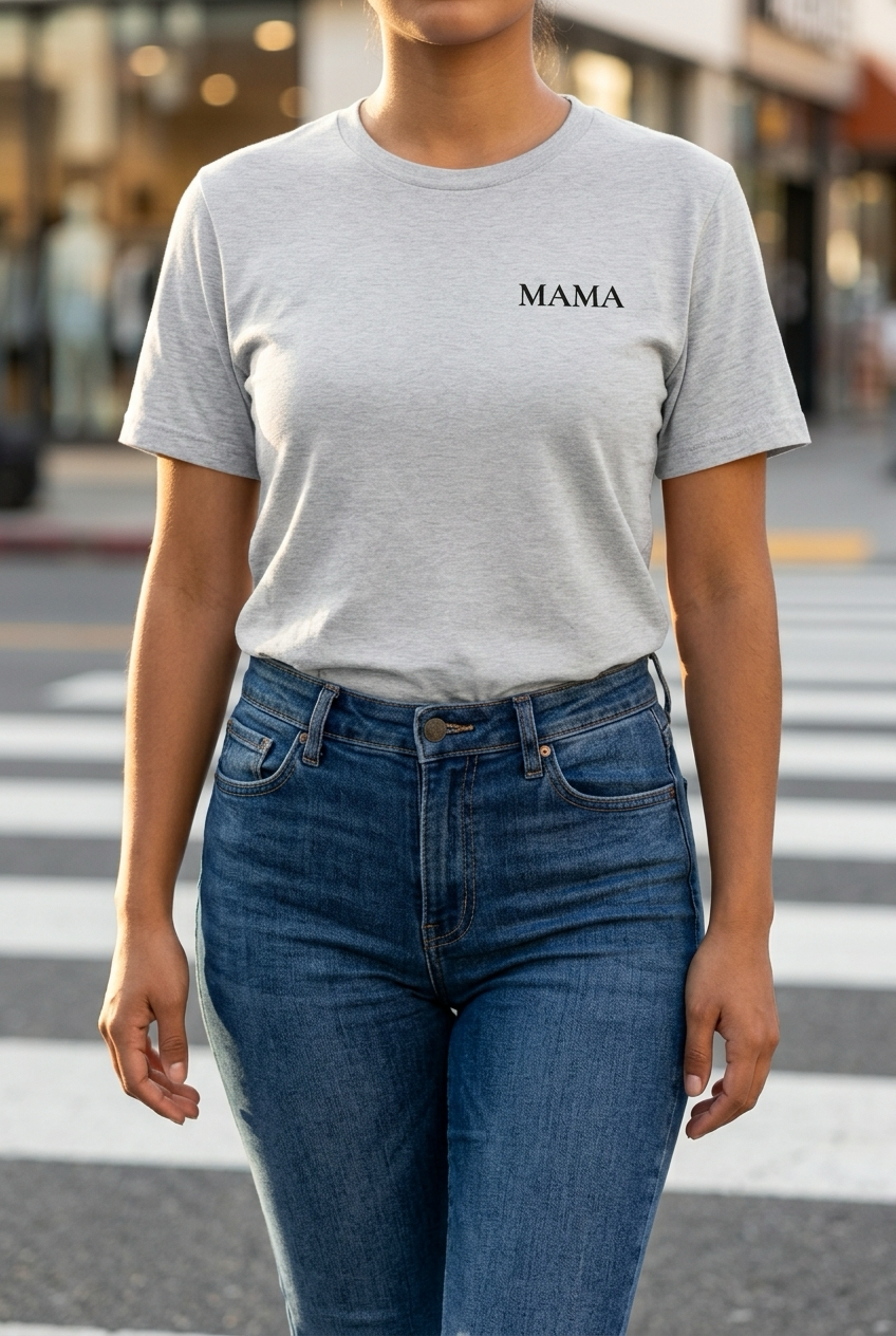 MAMA Shirt in Grau meliert getragen