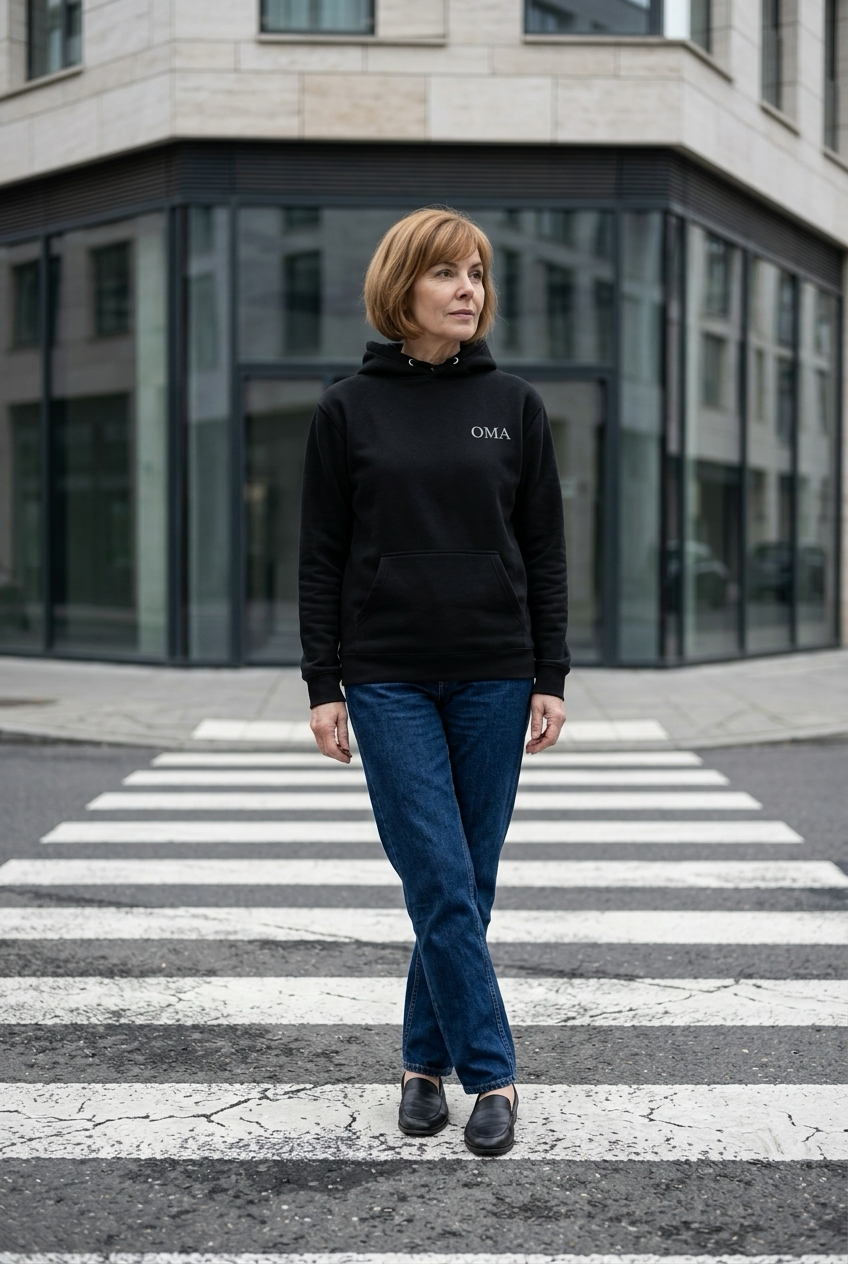 OMA Hoodie in Schwarz mit weisser Stickerei, getragen