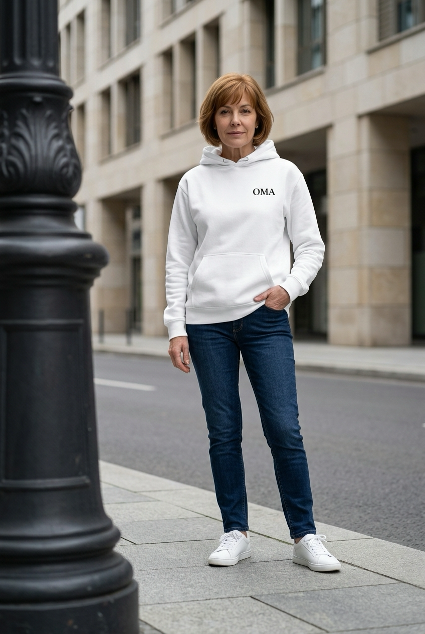 OMA Hoodie in Weiss mit schwarzer Stickerei, getragen
