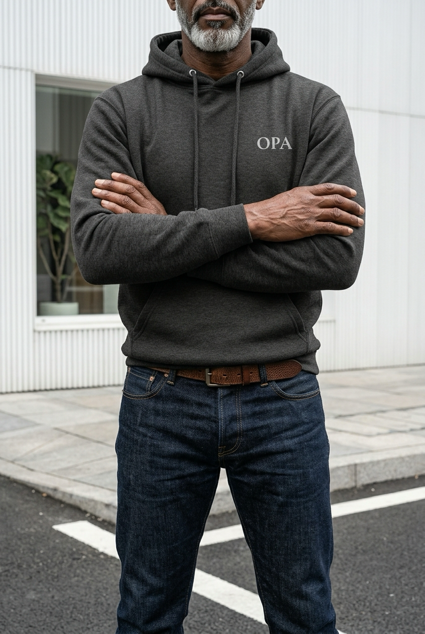 OPA Hoodie in Anthrazit meliert mit weisser Stickerei, getragen