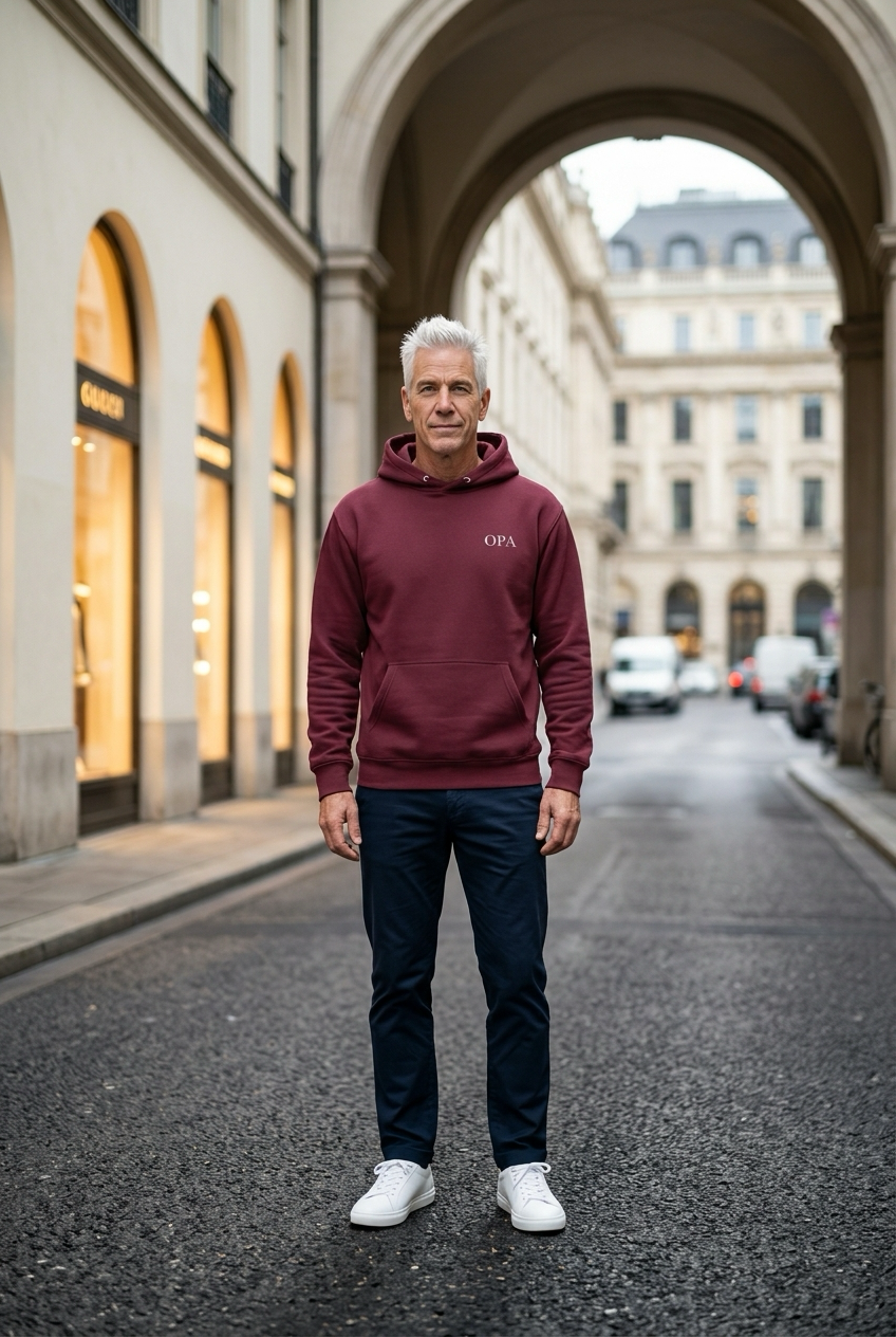 OPA Hoodie in Bordeaux mit weisser Stickerei, getragen