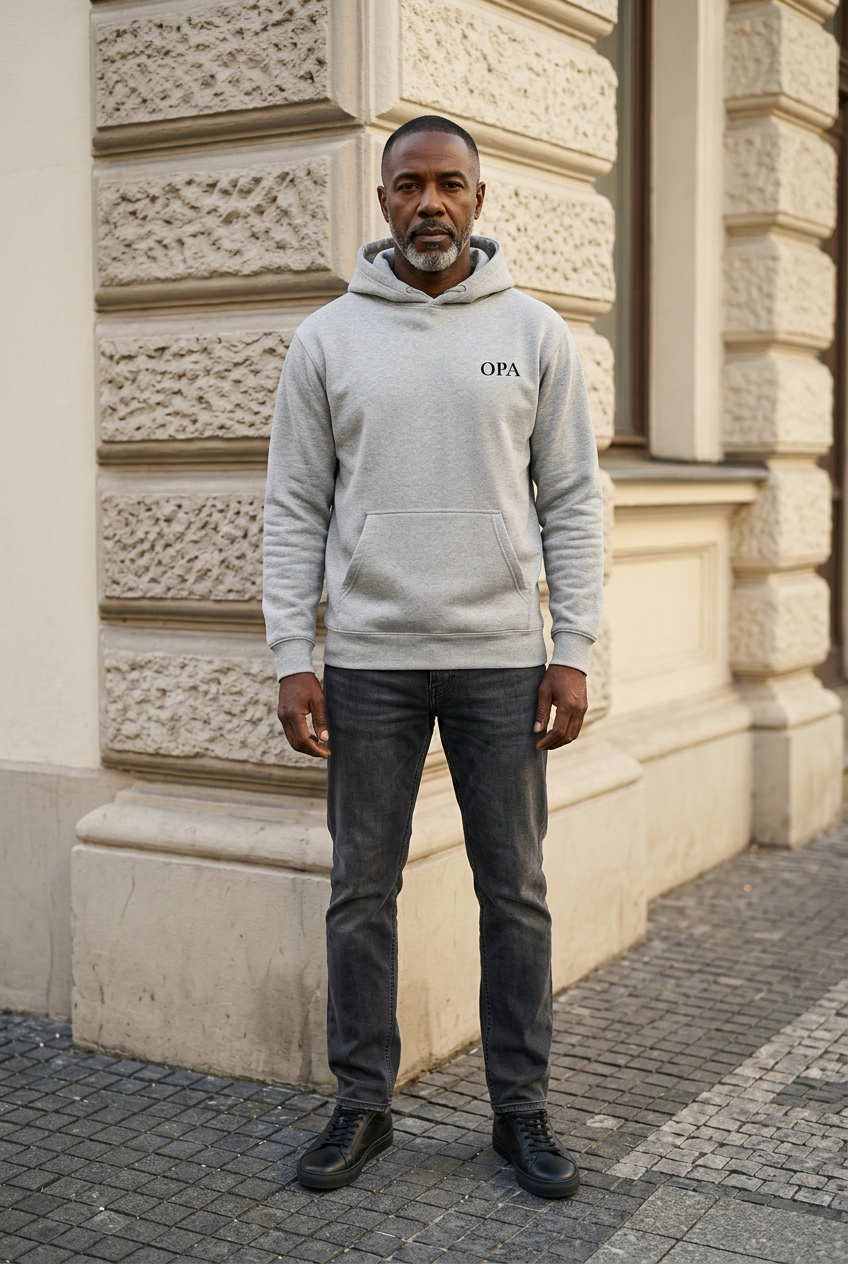 OPA Hoodie in Anthrazit mit schwarzer Stickerei, getragen