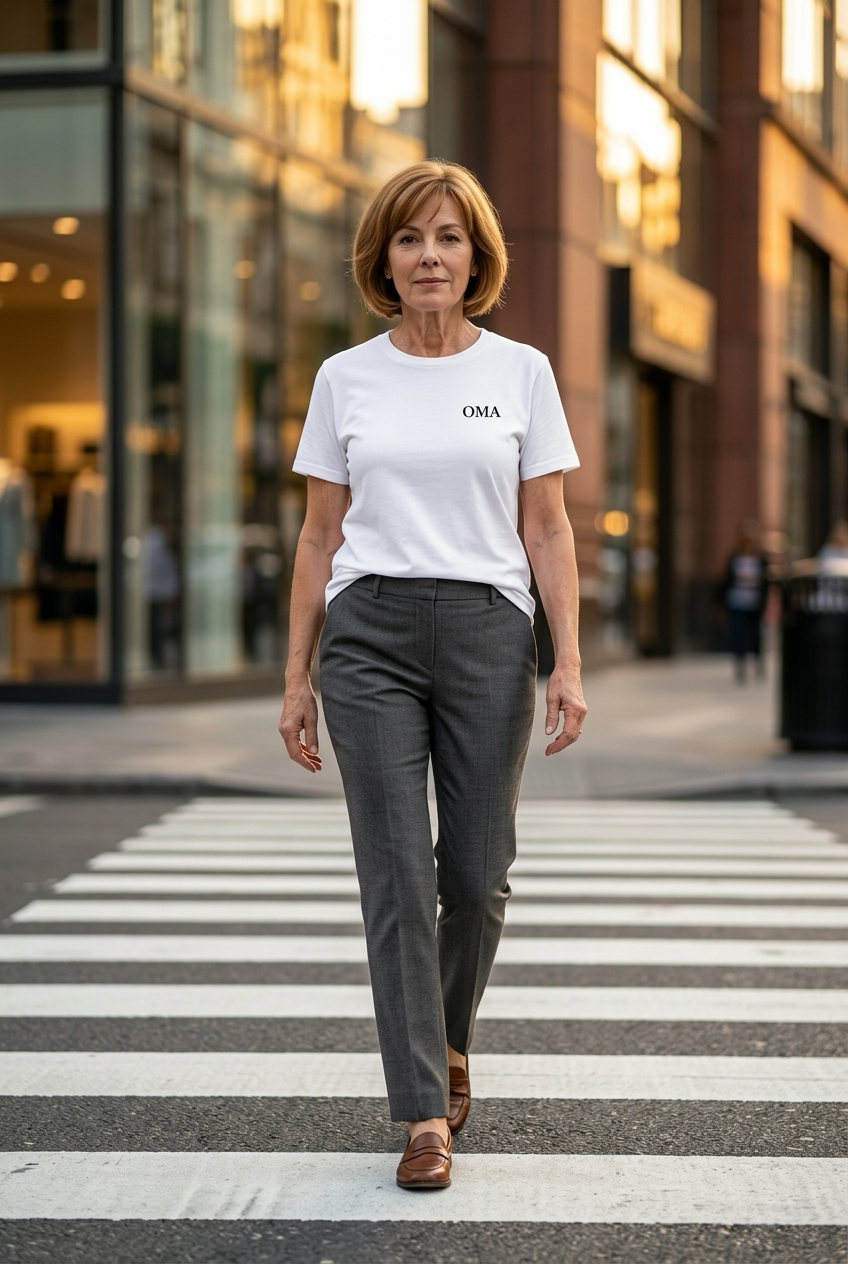 OMA Shirt in Weiss mit schwarzer Stickerei, getragen