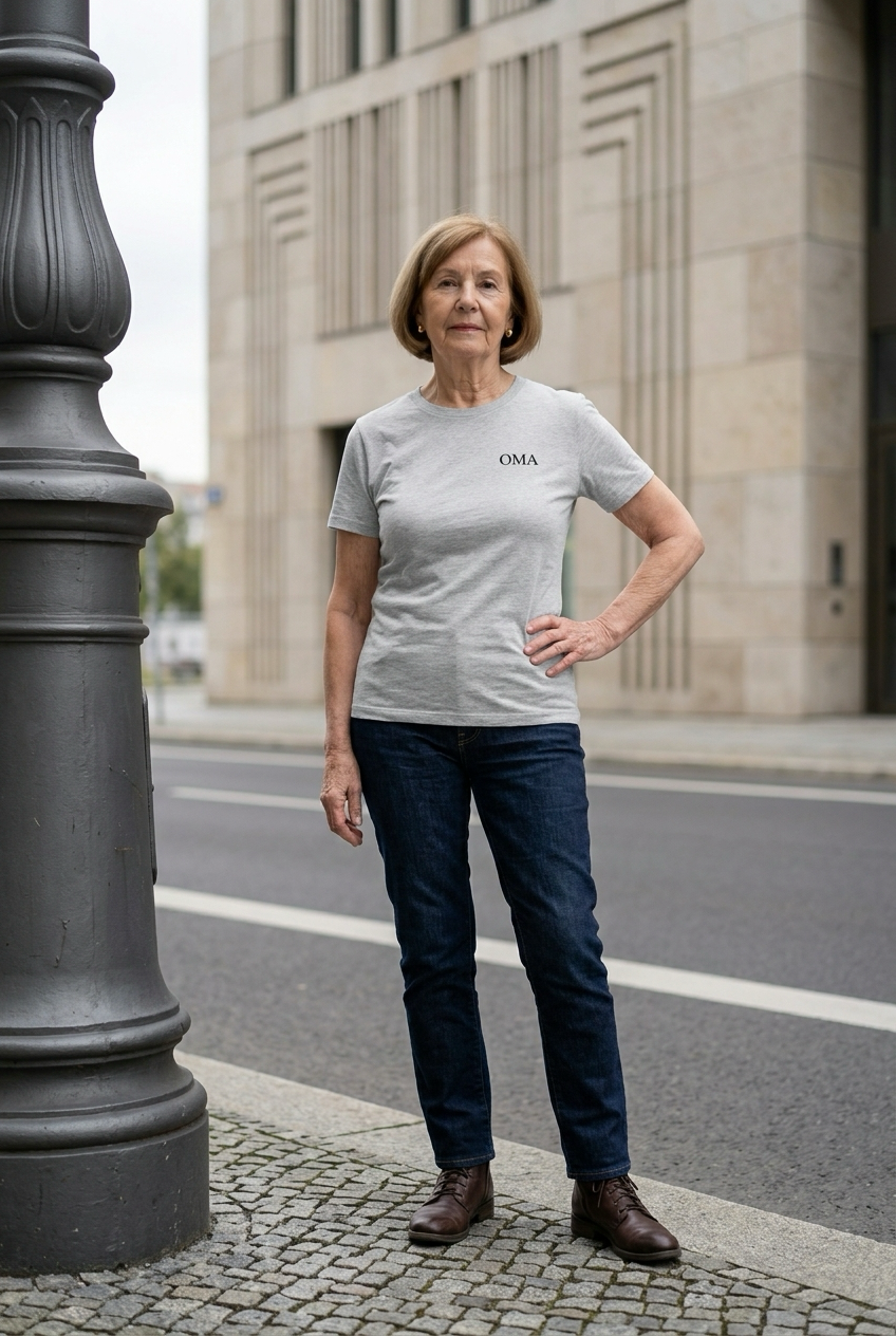 OMA Shirt in Grau meliert mit schwarzer Stickerei, getragen