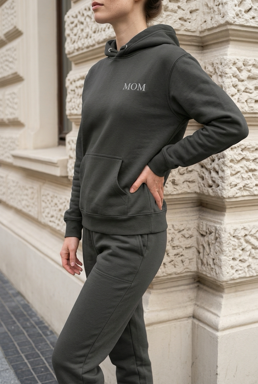 MOM Hoodie in dunkler Farbe getragen