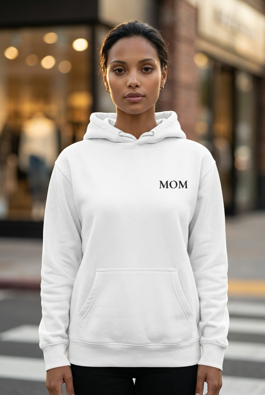 Frau im weissen MOM Hoodie