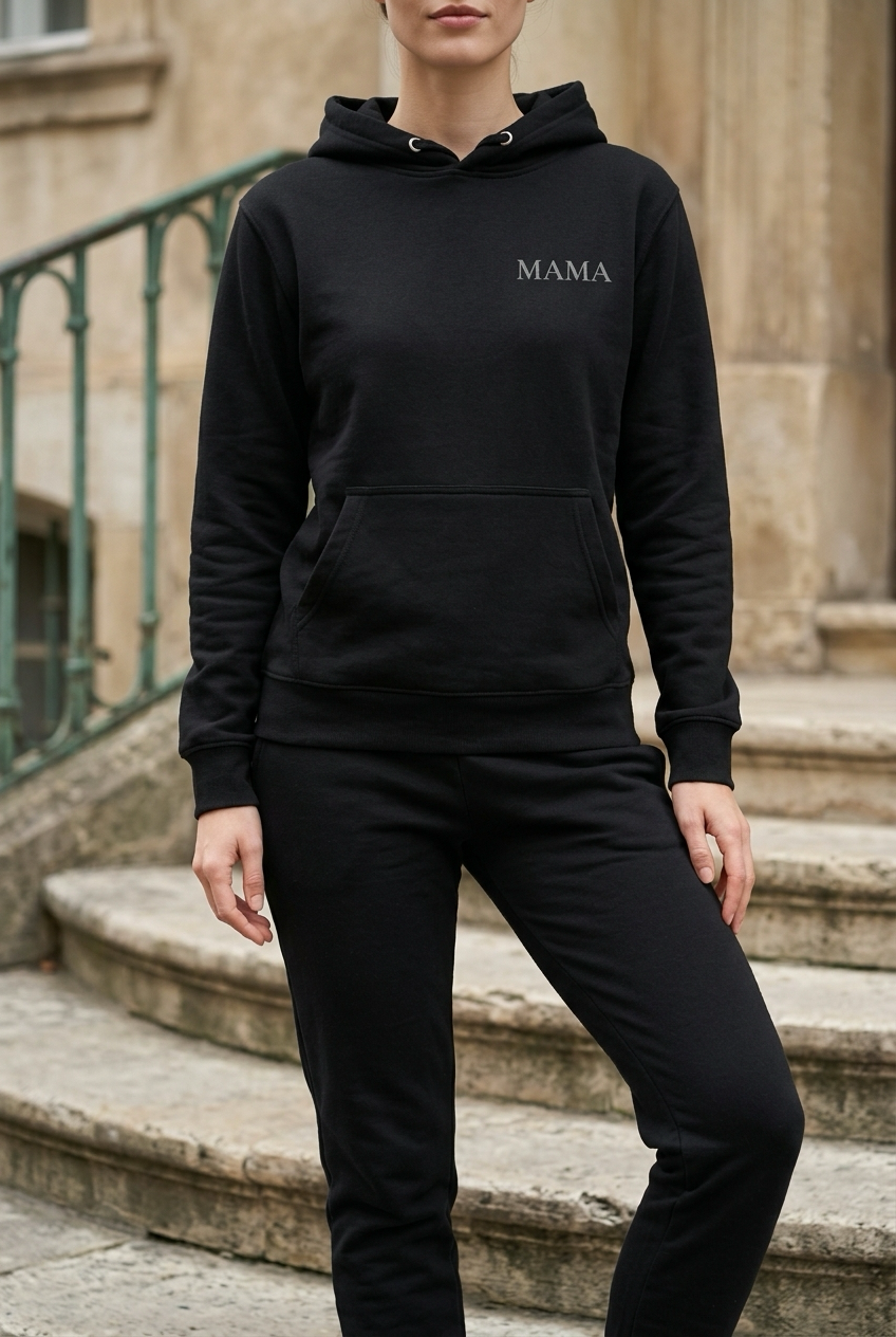 Frau im schwarzen MAMA Hoodie