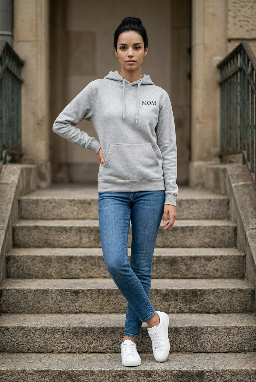 MOM Hoodie in Grau meliert getragen