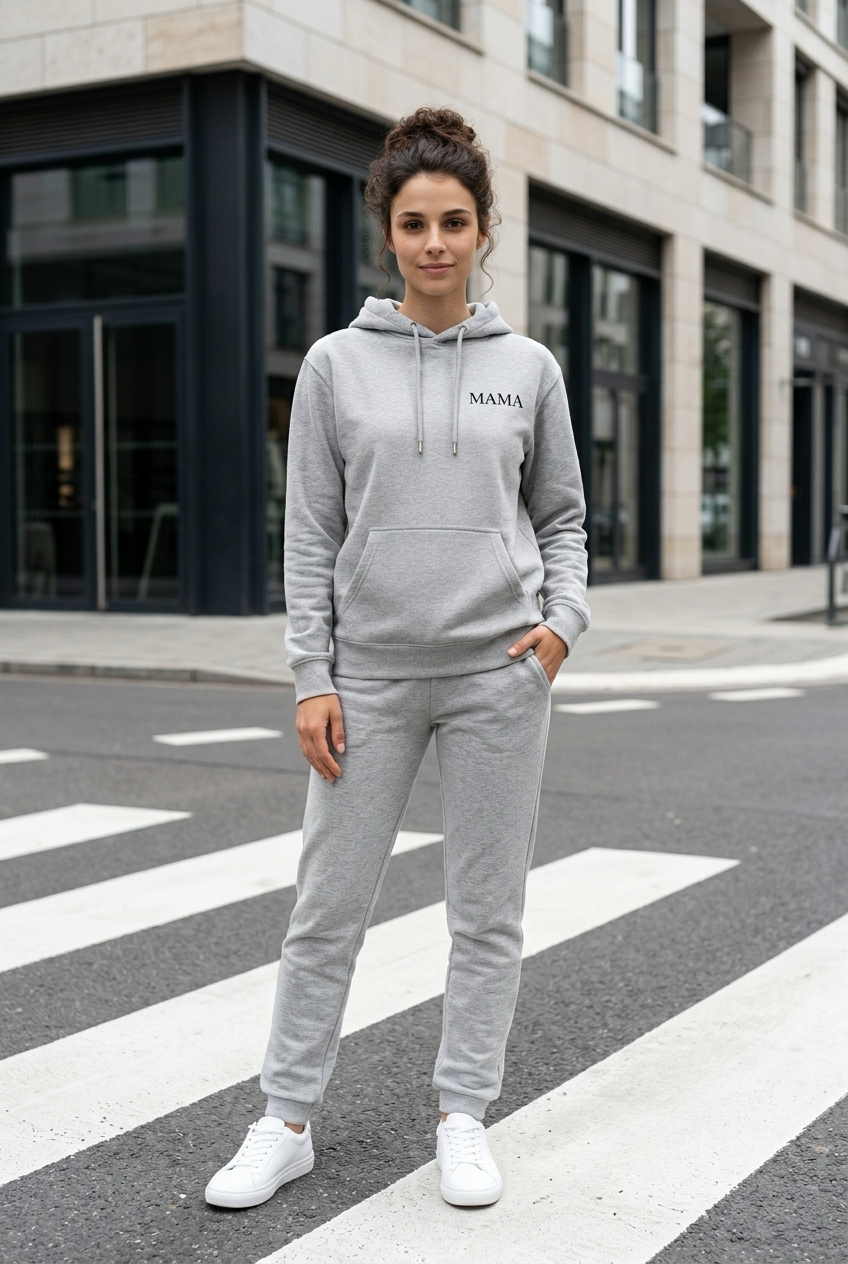 MAMA Hoodie in Grau meliert getragen