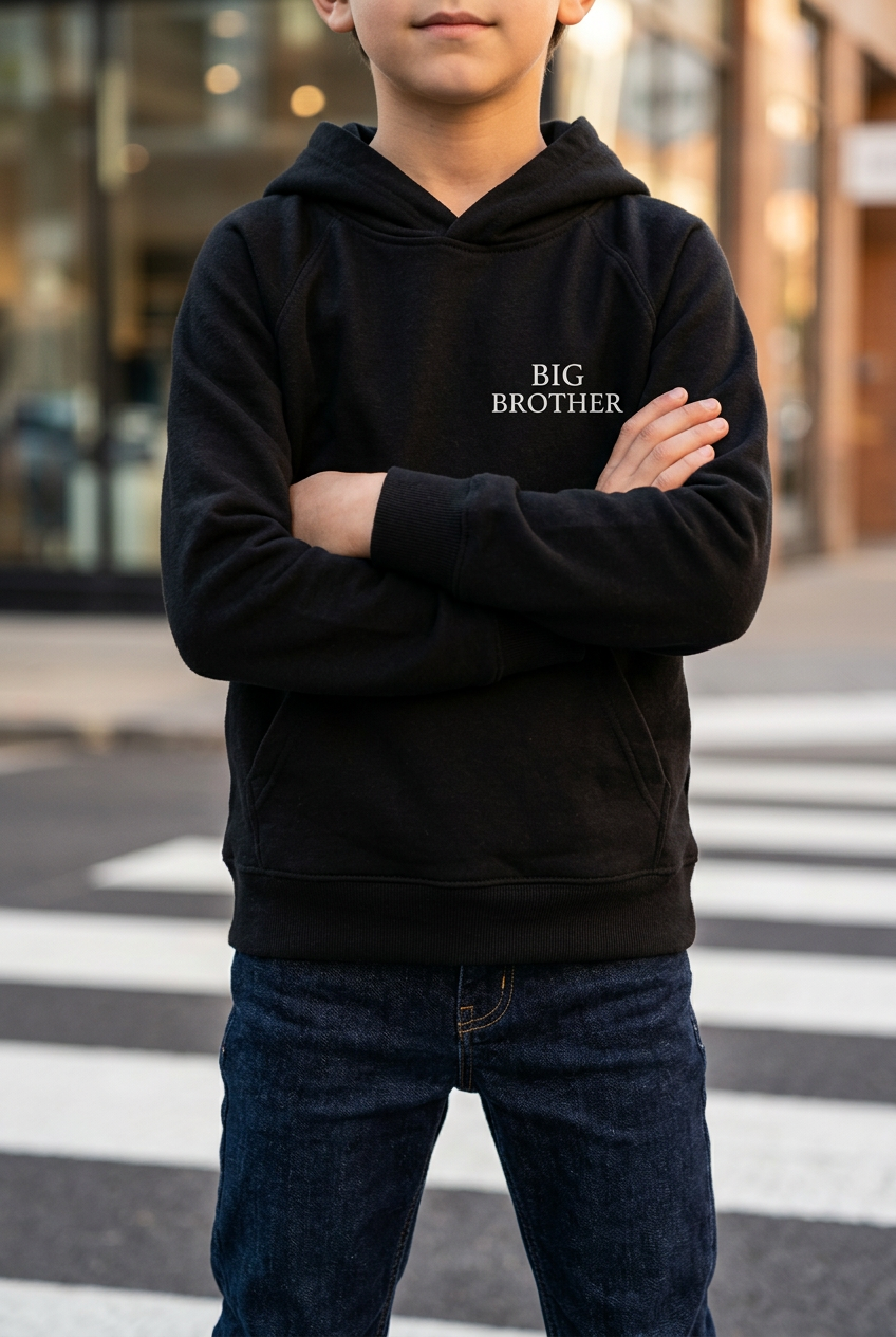 Junge im schwarzen BIG BROTHER Hoodie