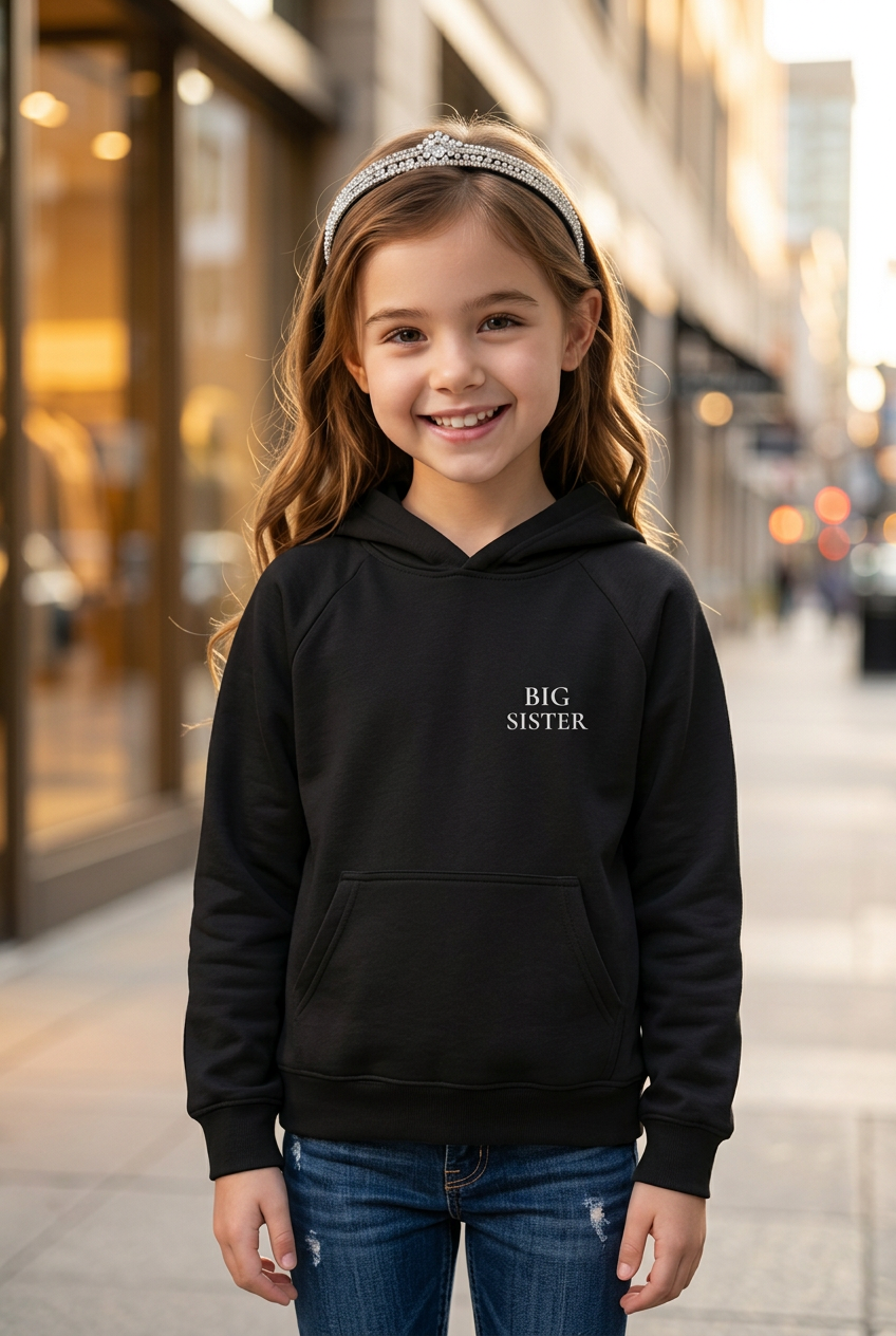Mädchen im schwarzen BIG SISTER Hoodie