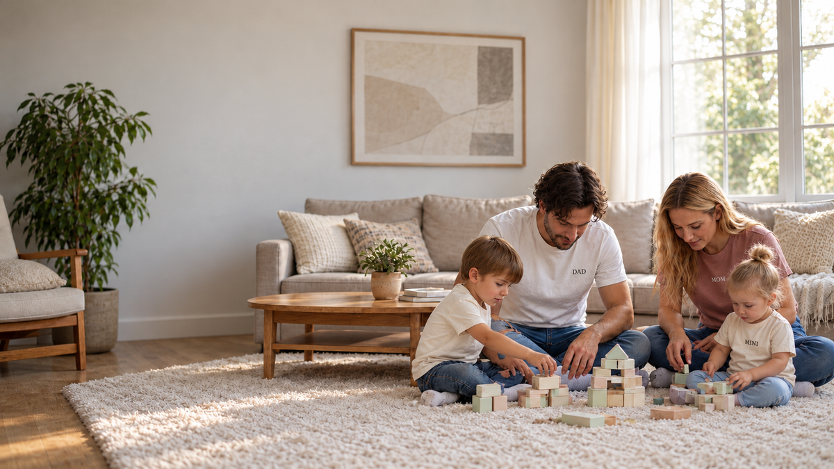 Familie im Partnerlook – DAD, MOM und MINI beim Spielen im Wohnzimmer