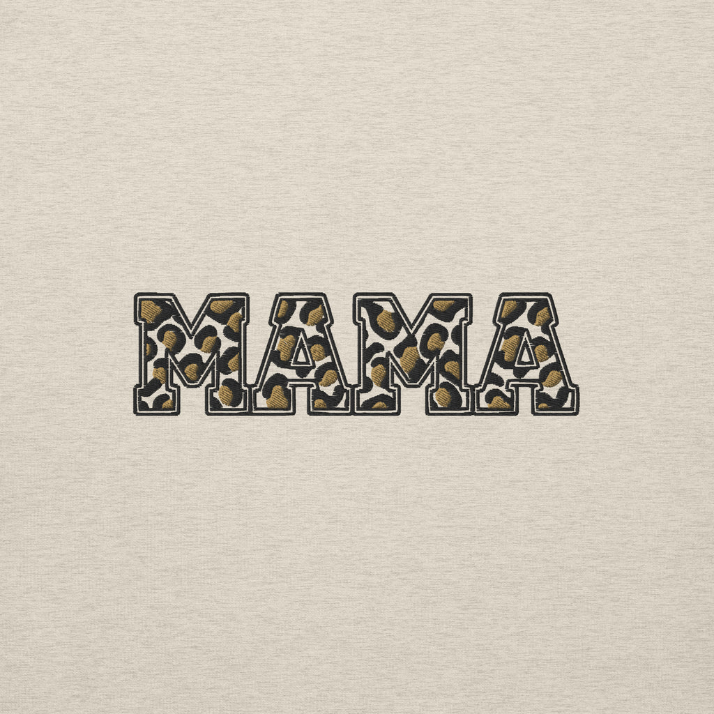 Nahaufnahme des MAMA Leo Drucks auf Oatmeal Heather