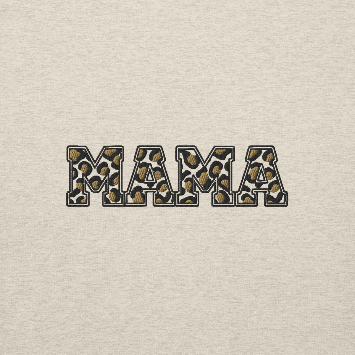Nahaufnahme des MAMA Leo Drucks auf Oatmeal Heather