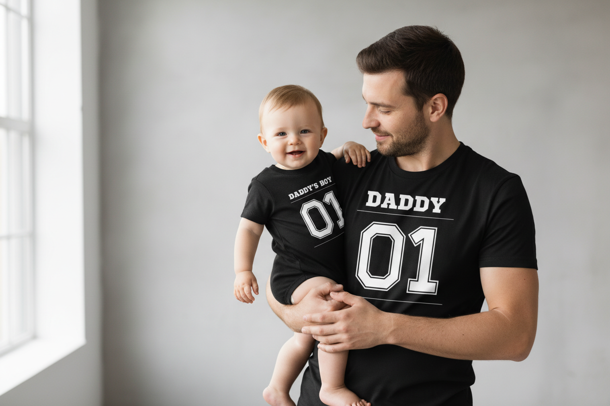 Vater und Baby mit exakten DADDY und DADDY'S BOY Designs